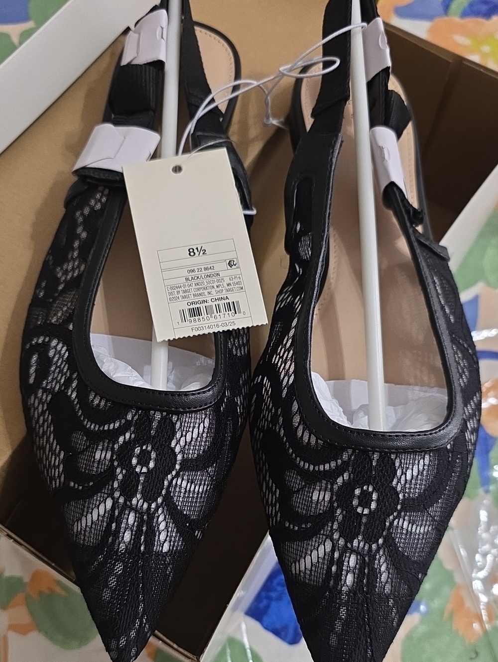 a new day Black Floral Lace Pointed Toe Slingback Flats